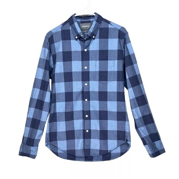 BONOBOS Long Sleeve Button Up Shirt Slim Fit Men Small Plaid Blue Cotton - Picture 1 of 10